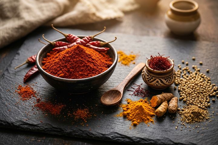 Sun-dried red chillies and chilli powder